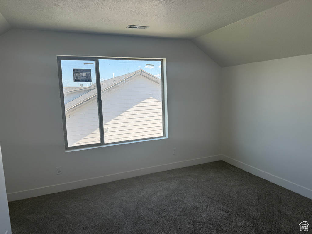 Additional living space featuring vaulted ceiling, dark carpet, and a textured ceiling