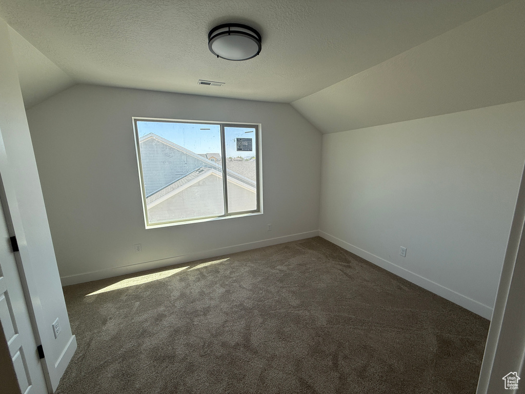 Bonus room with lofted ceiling, carpet, and a textured ceiling