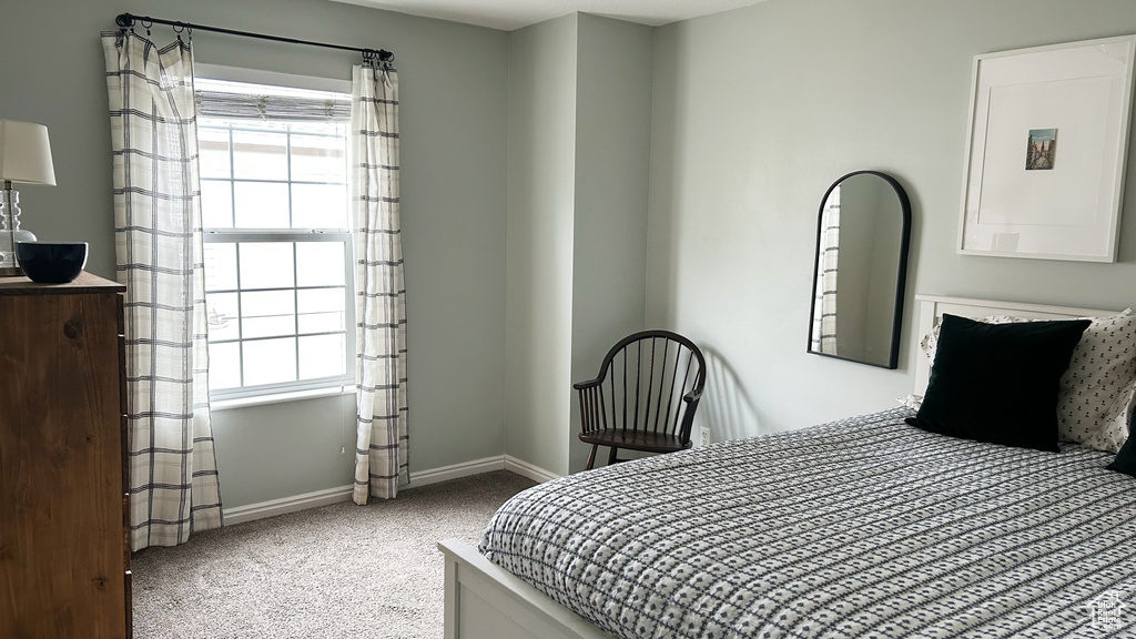 Bedroom featuring baseboards, electric panel, multiple windows, and carpet