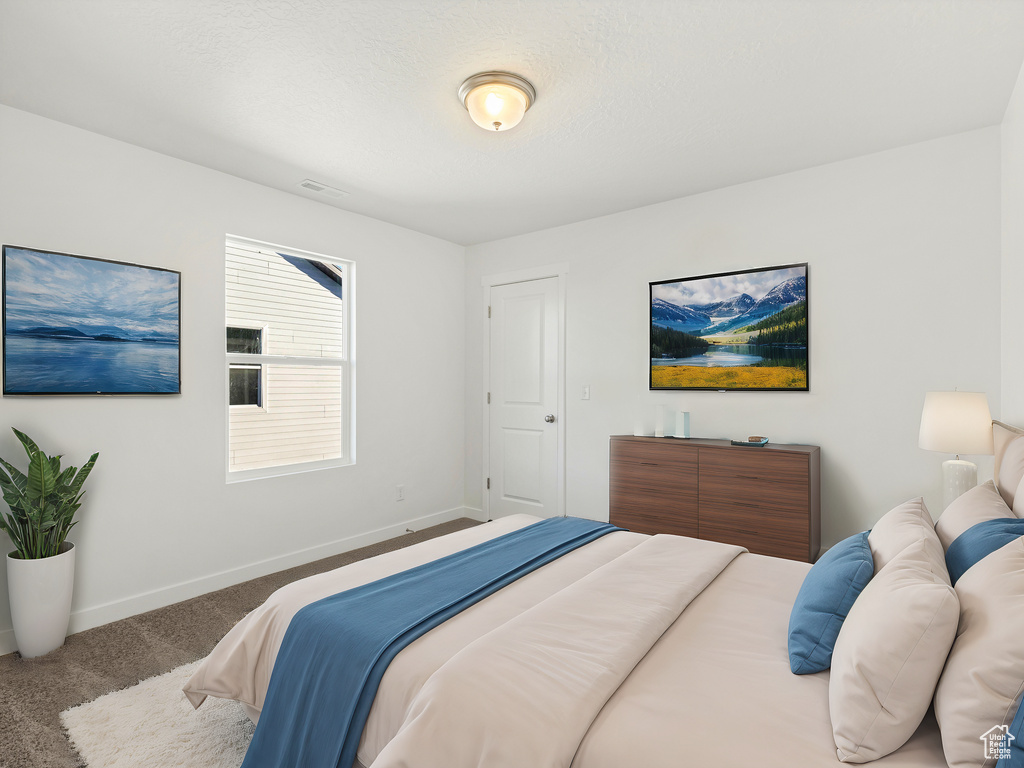 Carpeted bedroom with visible vents and baseboards