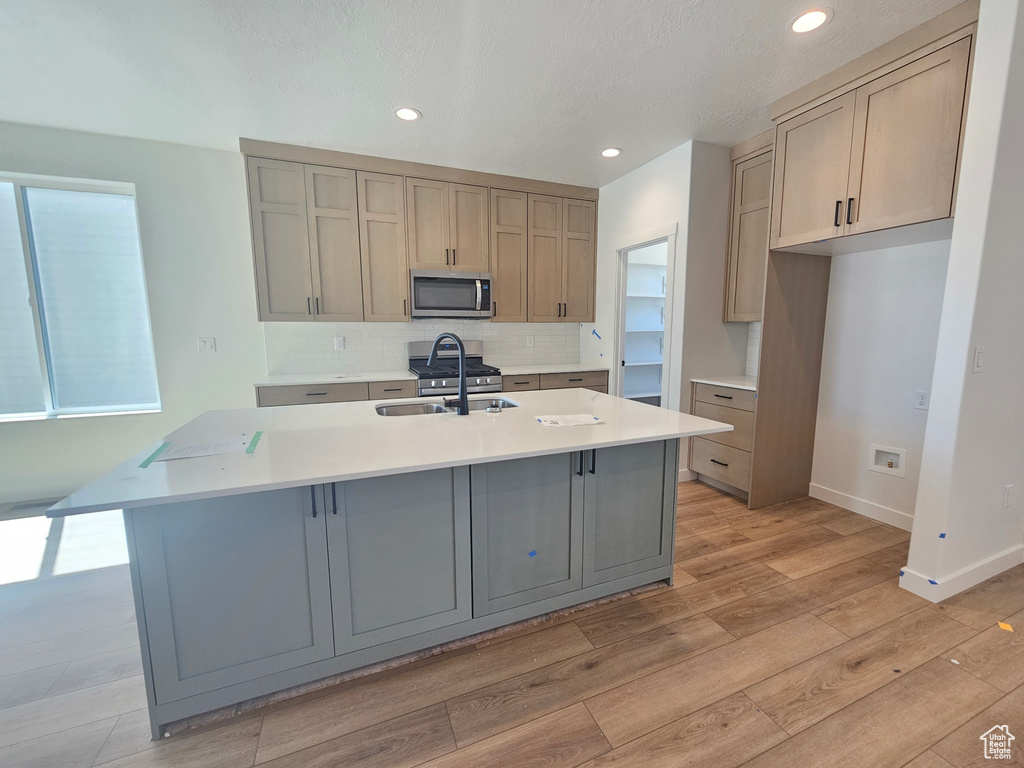Kitchen with stainless steel appliances, a sink, decorative backsplash, a kitchen island with sink, and baseboards