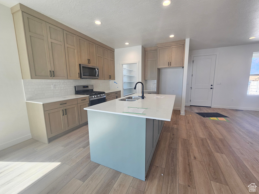 Kitchen featuring appliances with stainless steel finishes, a sink, baseboards, light wood-style floors, and tasteful backsplash
