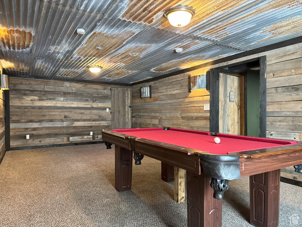 Recreation room featuring wooden walls, billiards, carpet floors, and wood ceiling