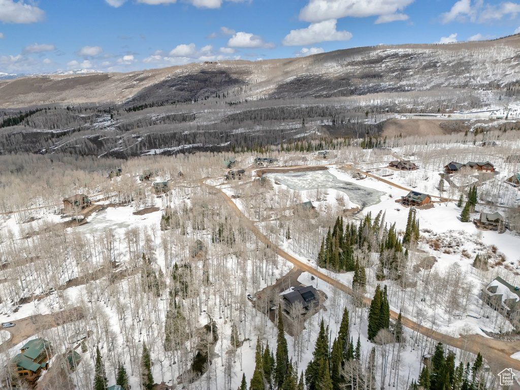 Snowy aerial view featuring a mountain view
