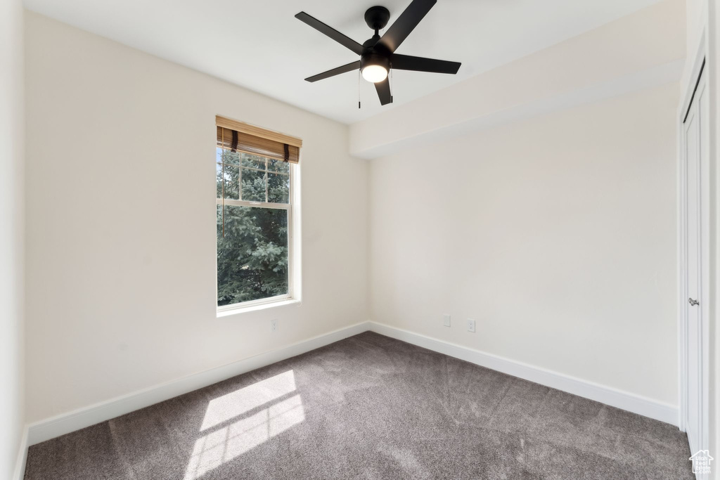 Spare room with baseboards, ceiling fan, and carpet floors