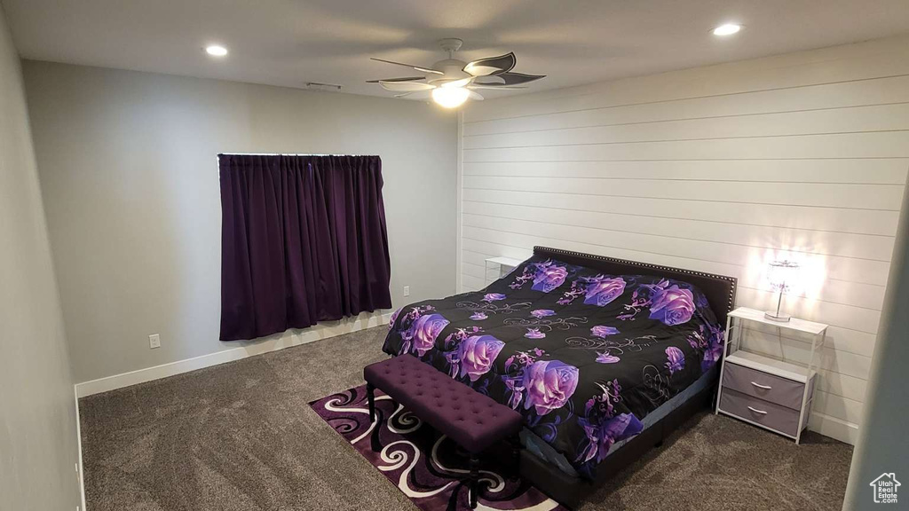 Carpeted bedroom featuring recessed lighting, ceiling fan, and visible vents