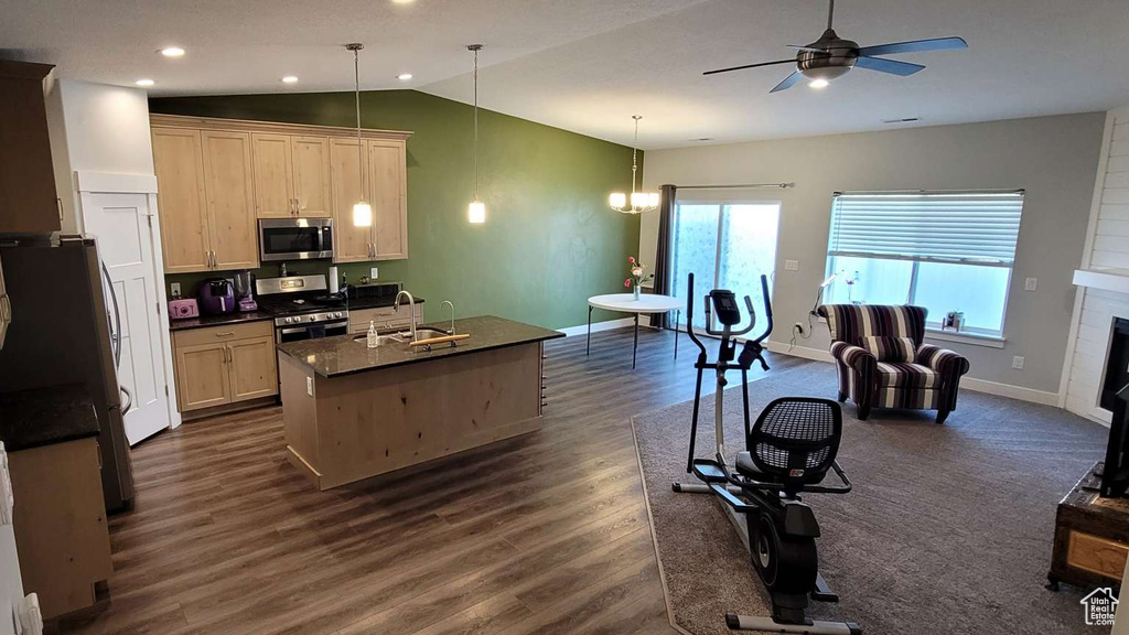 Kitchen with dark wood-style flooring, dark countertops, ceiling fan, vaulted ceiling, and stainless steel appliances