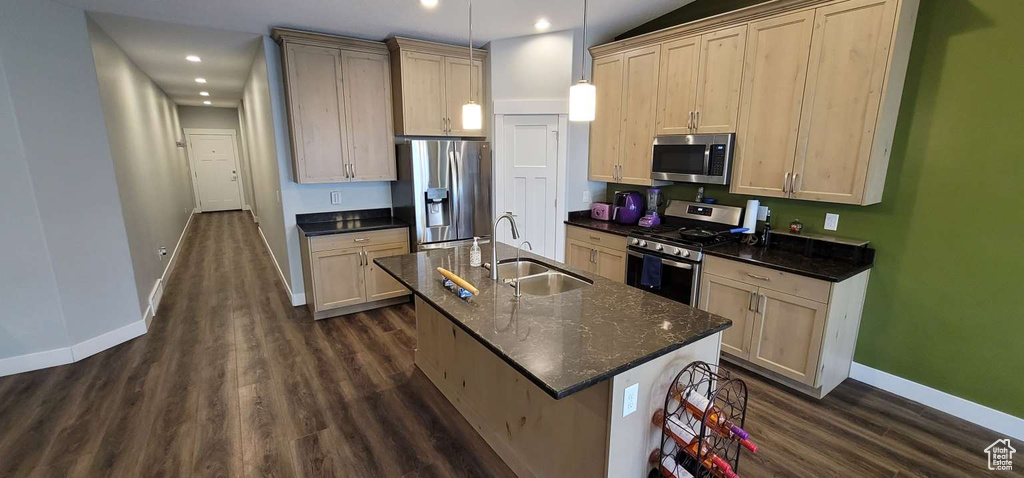 Kitchen with a kitchen island with sink, appliances with stainless steel finishes, a sink, baseboards, and dark wood-type flooring