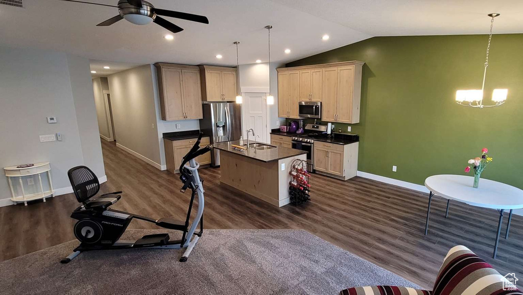 Kitchen featuring dark countertops, appliances with stainless steel finishes, a sink, ceiling fan with notable chandelier, and dark wood-style floors
