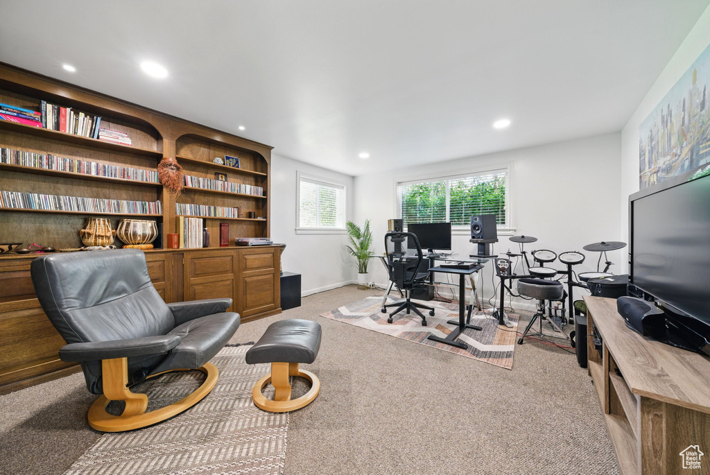 Office area with light colored carpet, recessed lighting, and baseboards