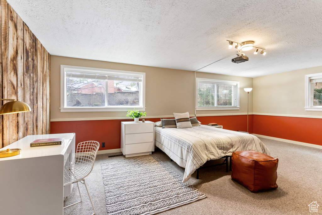 Bedroom with a textured ceiling, multiple windows, and carpet