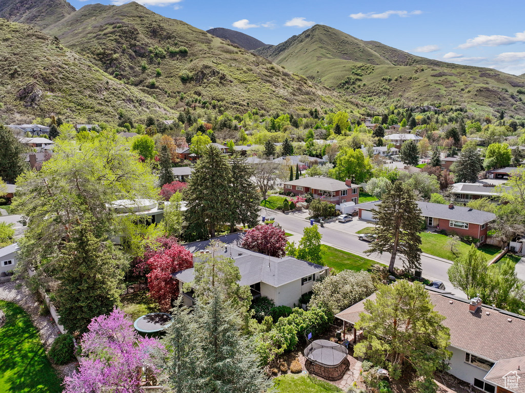Aerial view featuring a mountain view and a residential view