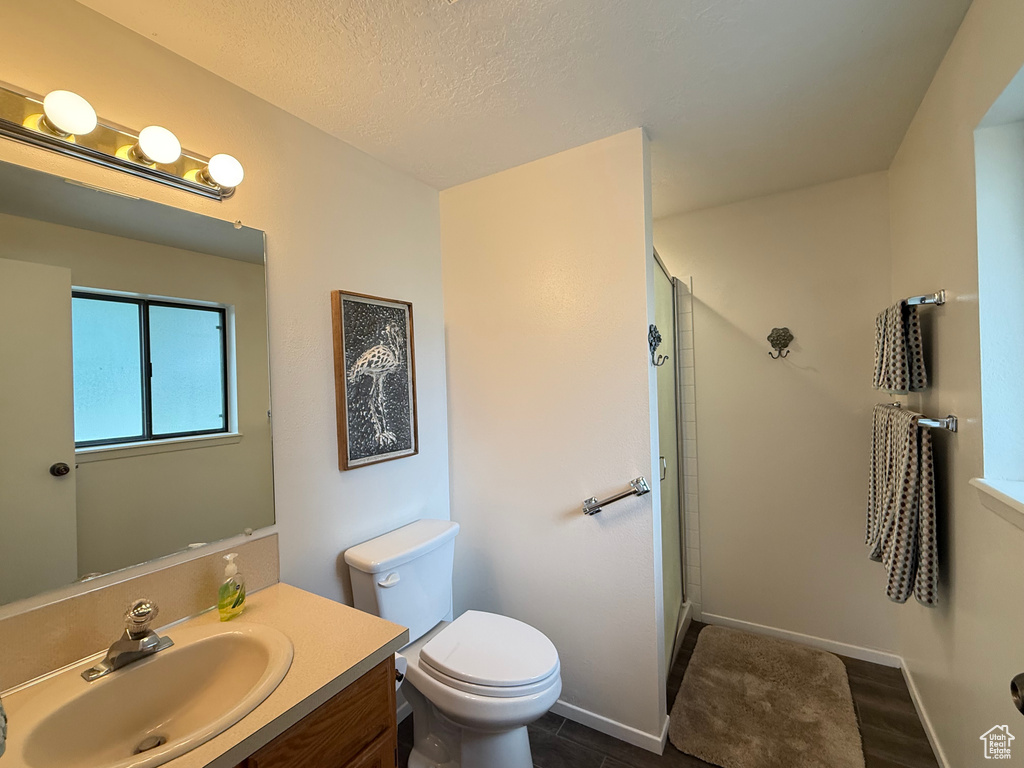 Bathroom featuring an enclosed shower, toilet, a textured ceiling, and vanity