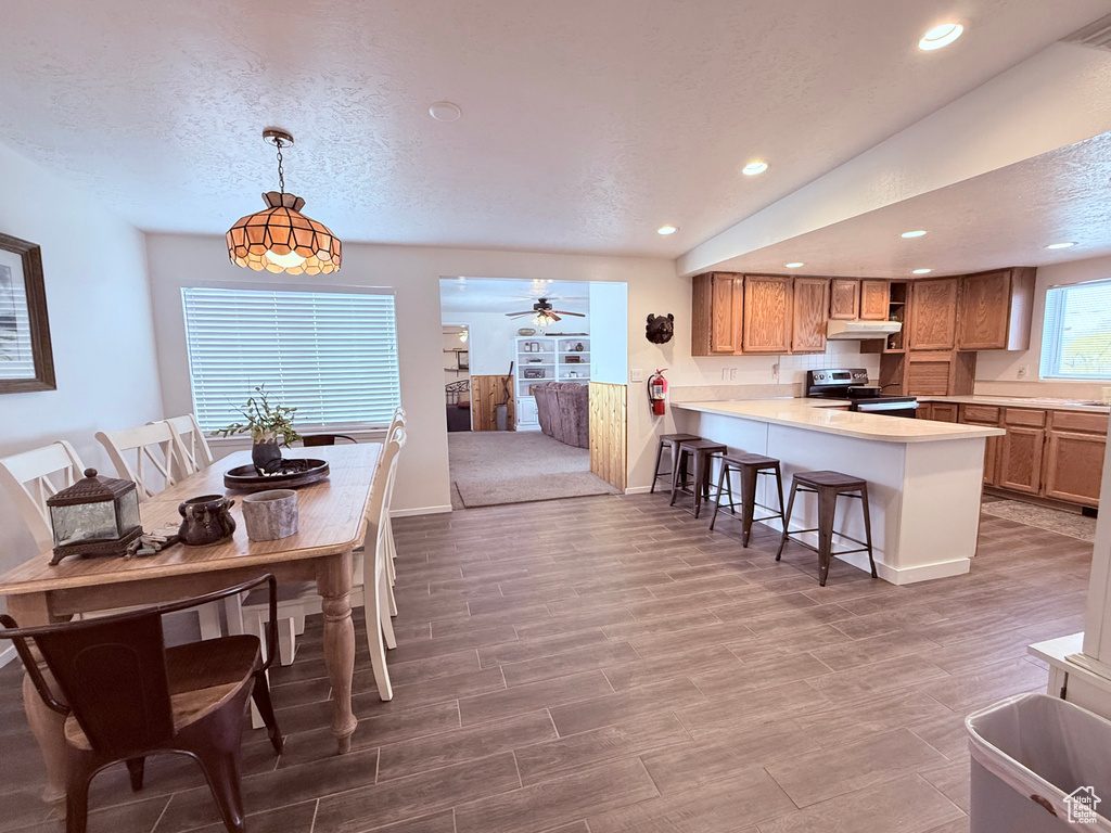 Kitchen with stainless steel electric range, light countertops, a peninsula, recessed lighting, and under cabinet range hood