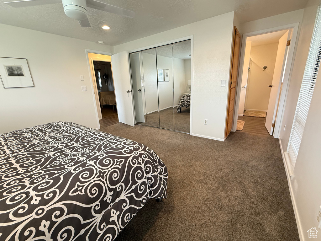 Bedroom with ceiling fan, baseboards, a closet, carpet, and recessed lighting