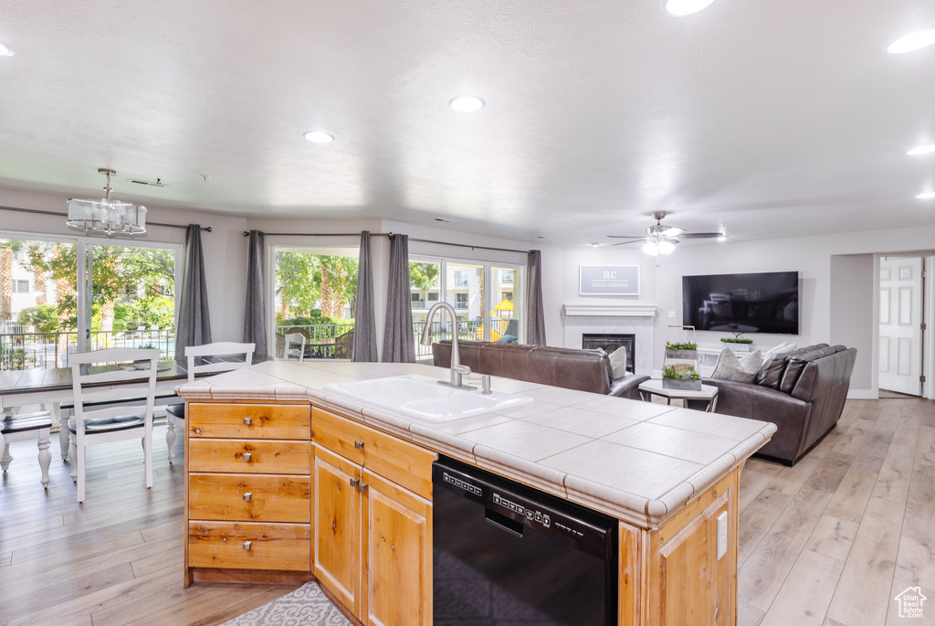 Kitchen with tile counters, a healthy amount of sunlight, a sink, and dishwasher