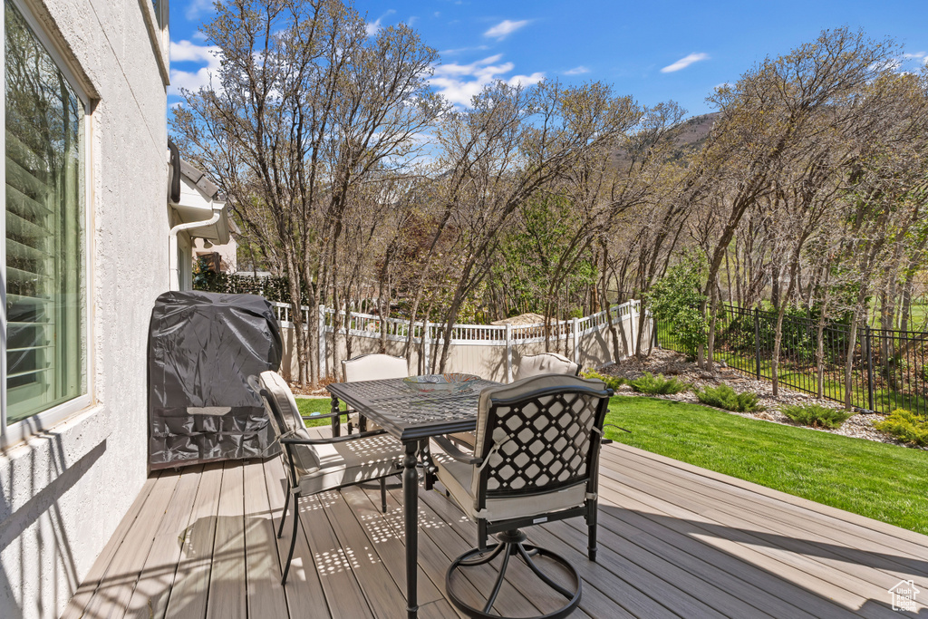 Deck with area for grilling, outdoor dining space, a yard, and a fenced backyard