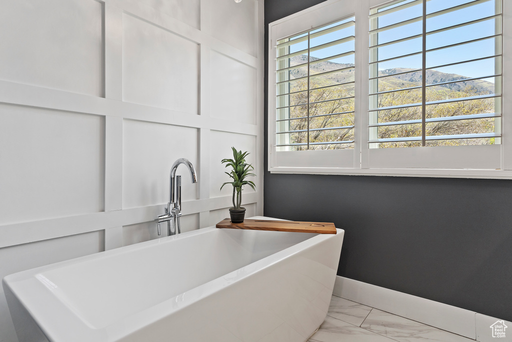 Interior details featuring a mountain view and a sink