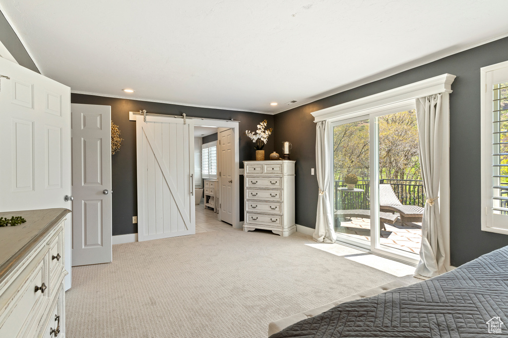 Bedroom featuring access to exterior, multiple windows, a barn door, and baseboards