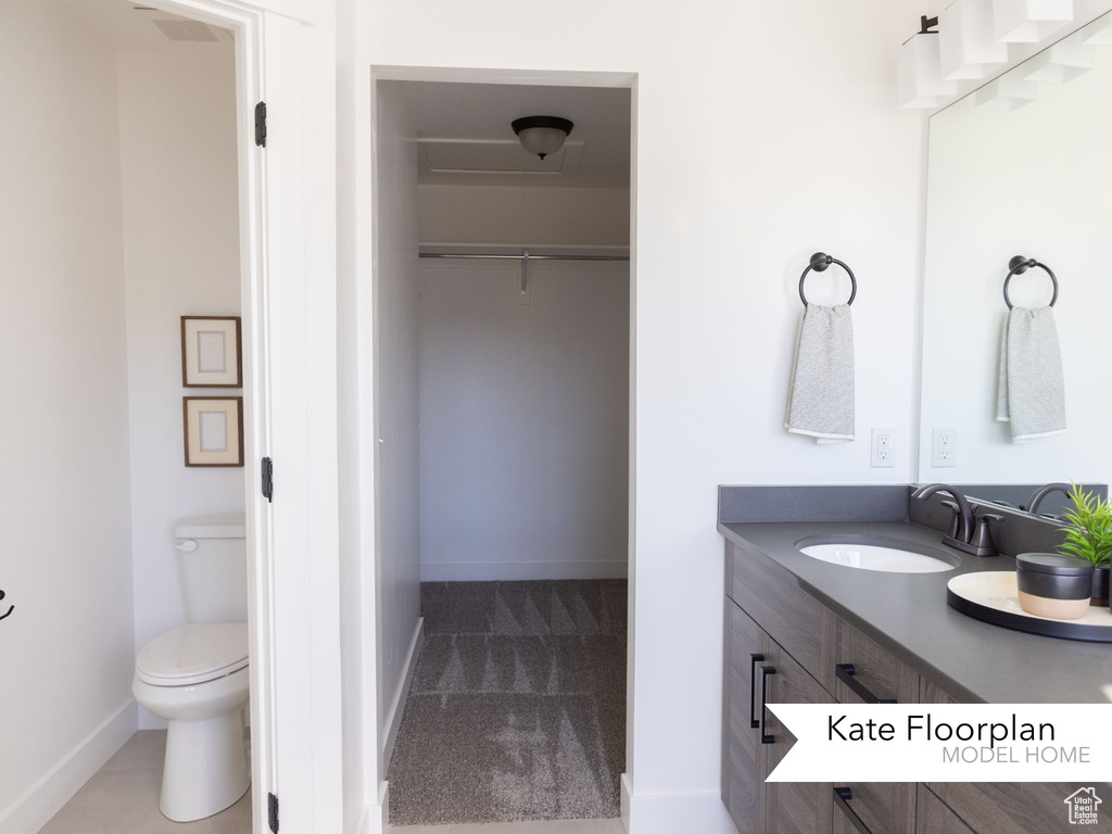 Full bathroom featuring vanity, baseboards, a spacious closet, and toilet