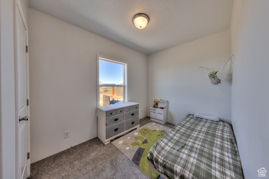 Bedroom featuring light colored carpet