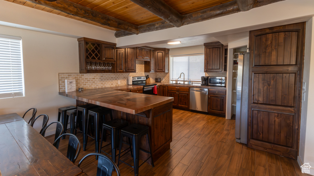 Kitchen with a kitchen breakfast bar, dark wood-style flooring, appliances with stainless steel finishes, wooden ceiling, and a peninsula