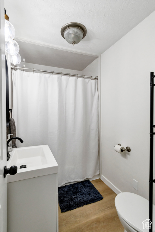 Full bathroom featuring vanity, wood finished floors, curtained shower, toilet, and baseboards