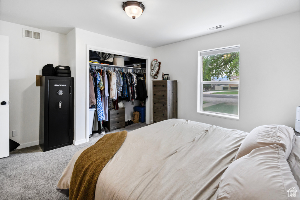 Carpeted bedroom with baseboards, visible vents, and a closet