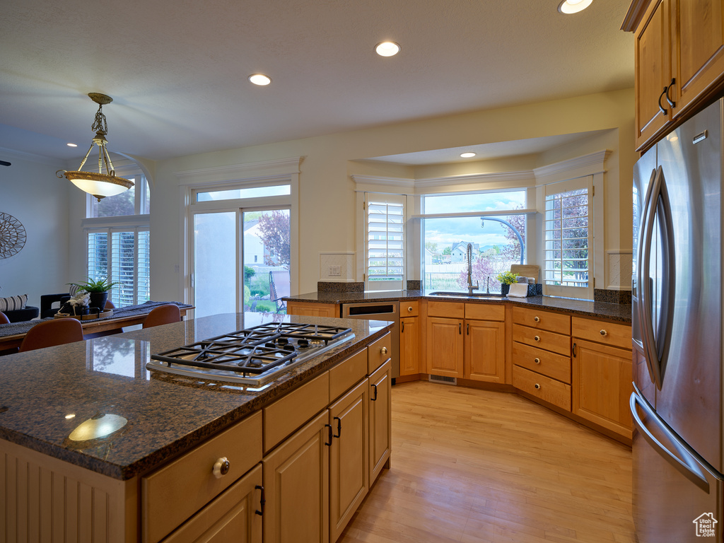 Kitchen with a sink, appliances with stainless steel finishes, plenty of natural light, and light wood-style flooring