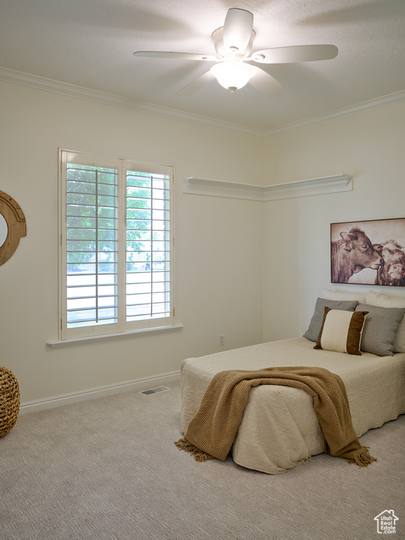 Carpeted bedroom with visible vents, ornamental molding, and baseboards