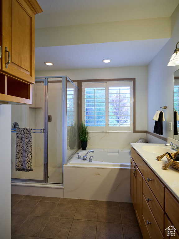 Bathroom with plenty of natural light, vanity, and a shower stall
