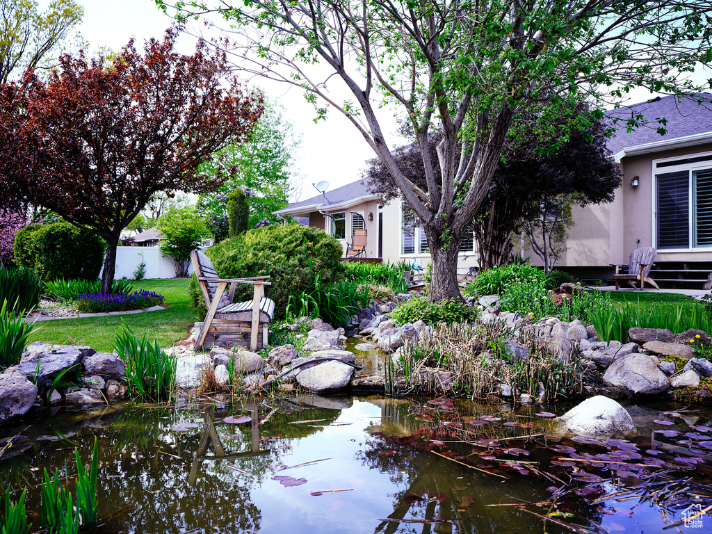 View of yard featuring a small pond