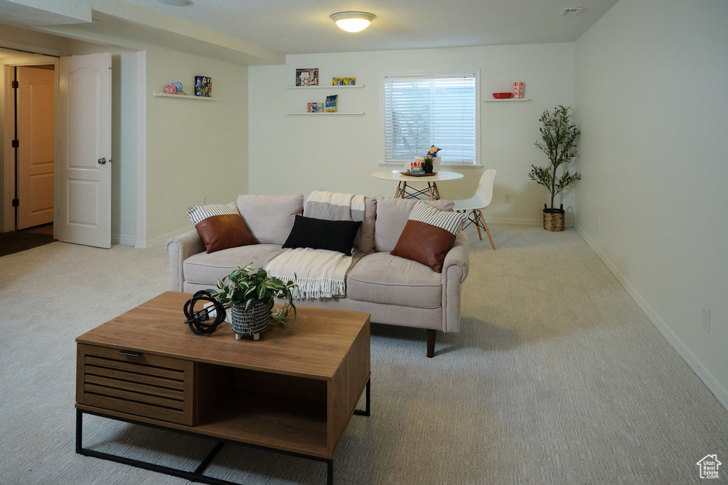 Carpeted living area with baseboards