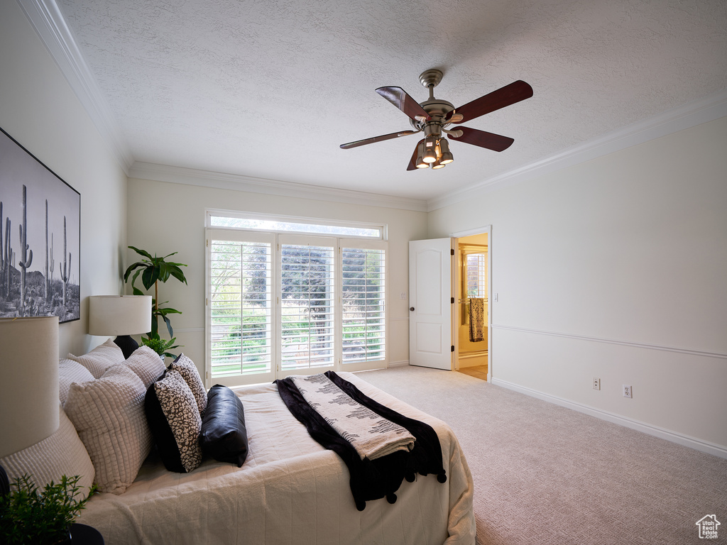 Bedroom with ornamental molding, baseboards, light colored carpet, a textured ceiling, and a ceiling fan
