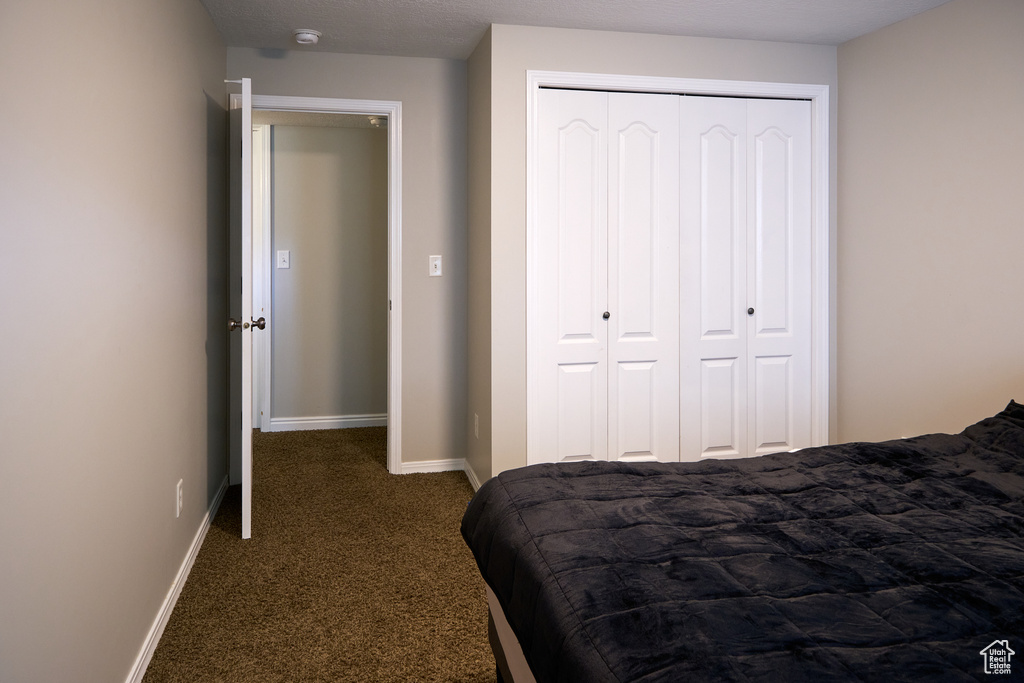 Bedroom featuring baseboards, carpet, and a closet