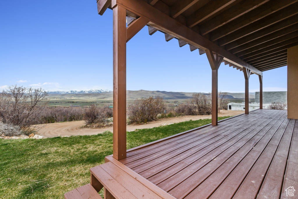 Wooden terrace featuring a lawn