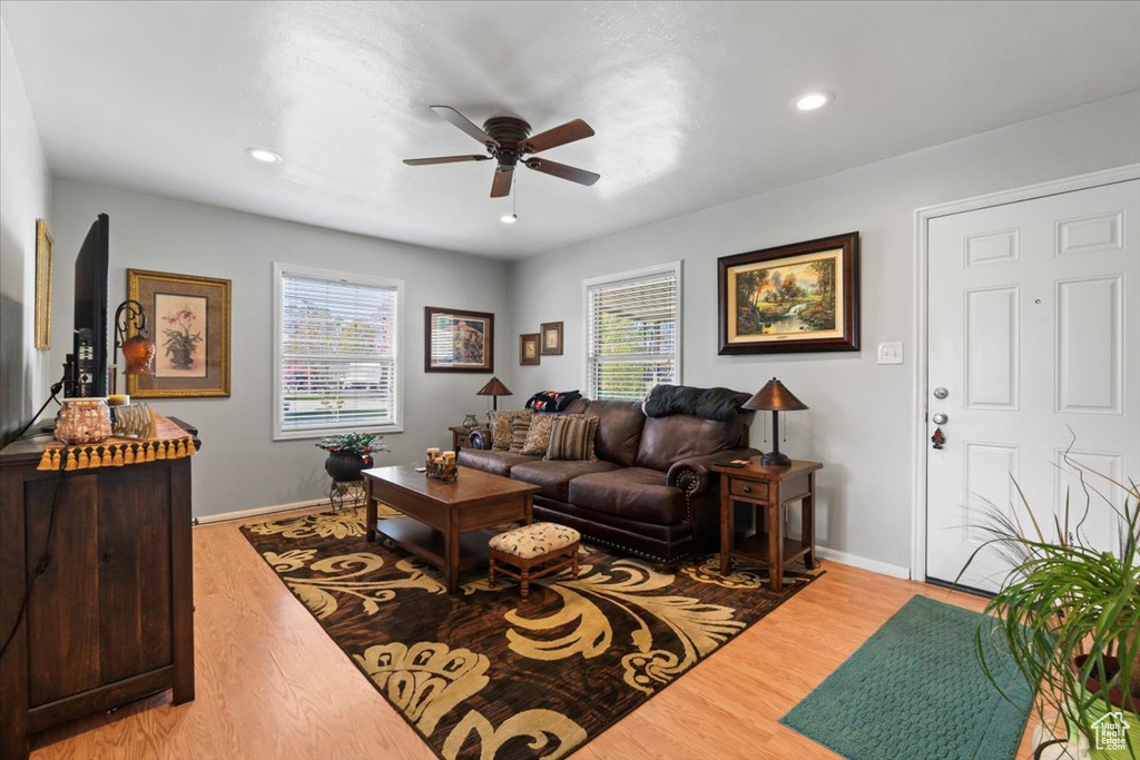 Living area featuring a ceiling fan, baseboards, light wood-style floors, and a healthy amount of sunlight