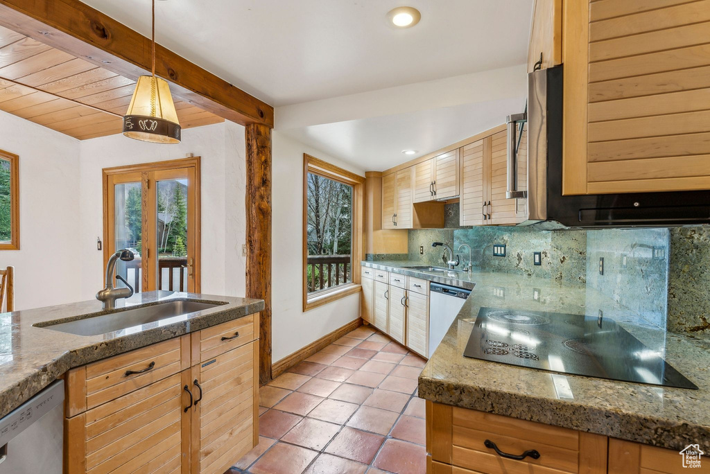 Kitchen with tasteful backsplash, black electric stovetop, plenty of natural light, and a sink