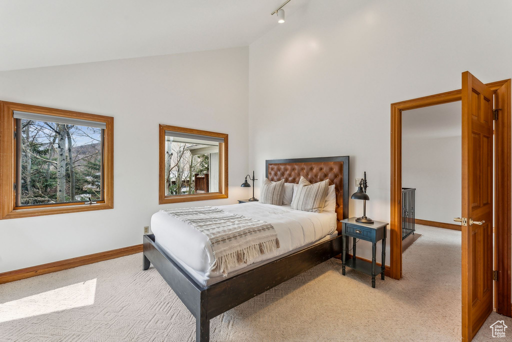 Bedroom featuring rail lighting, light colored carpet, and baseboards