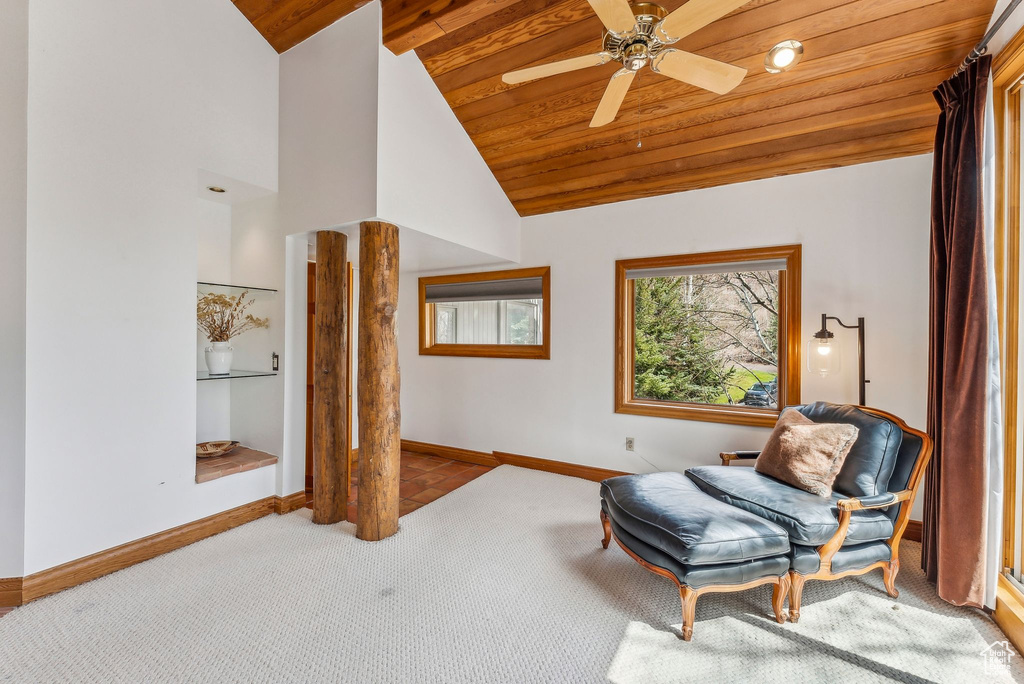 Living area with wooden ceiling, ceiling fan, carpet floors, and baseboards