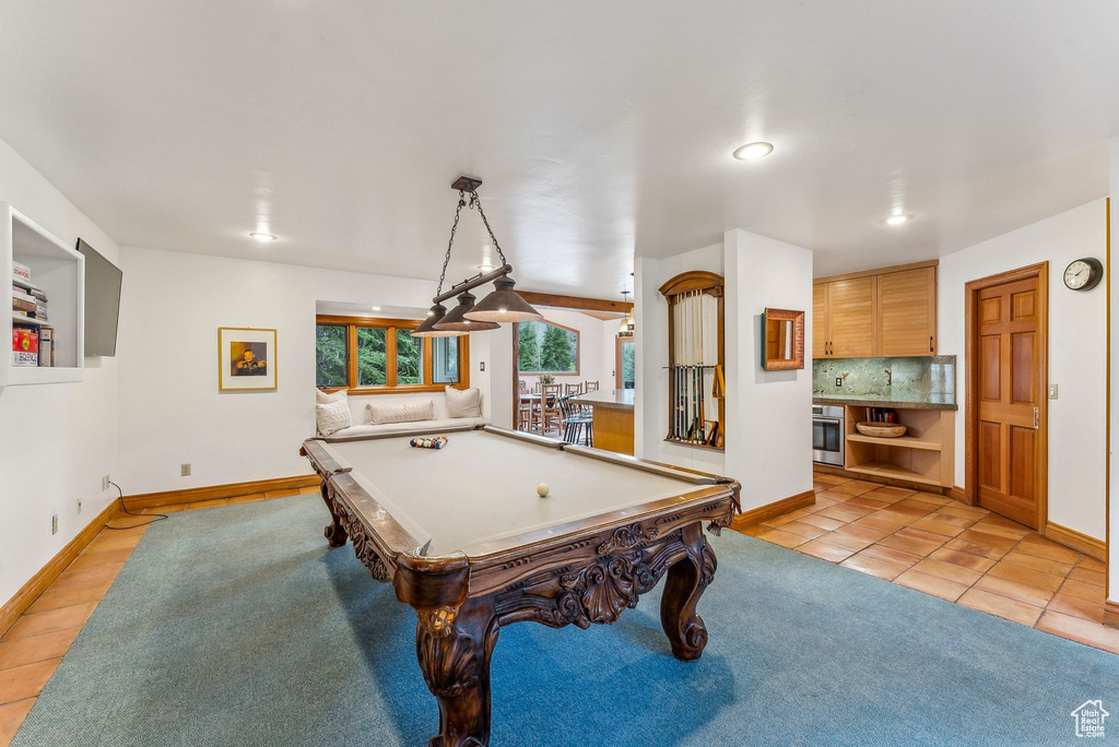 Rec room featuring light tile patterned floors, billiards, recessed lighting, and baseboards