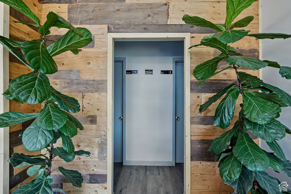 Property entrance with stone siding and elevator