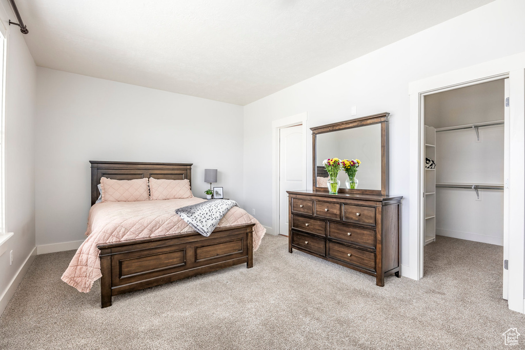 Carpeted bedroom featuring baseboards, a walk in closet, and a closet