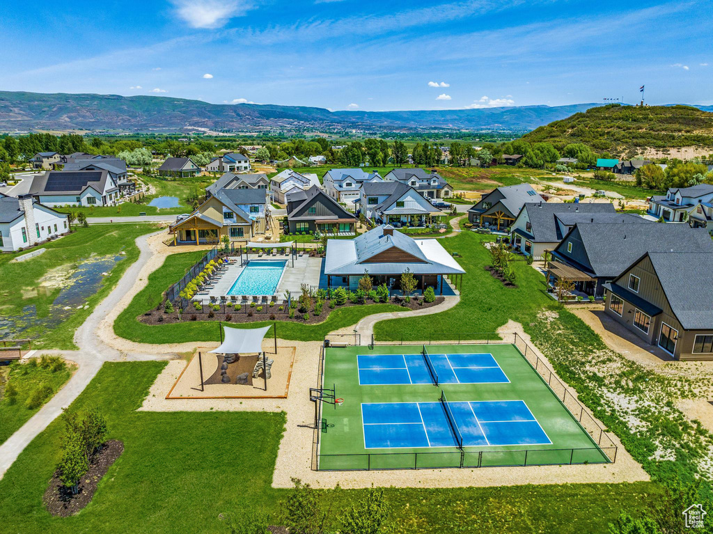 Bird\'s eye view featuring a residential view and a mountain view
