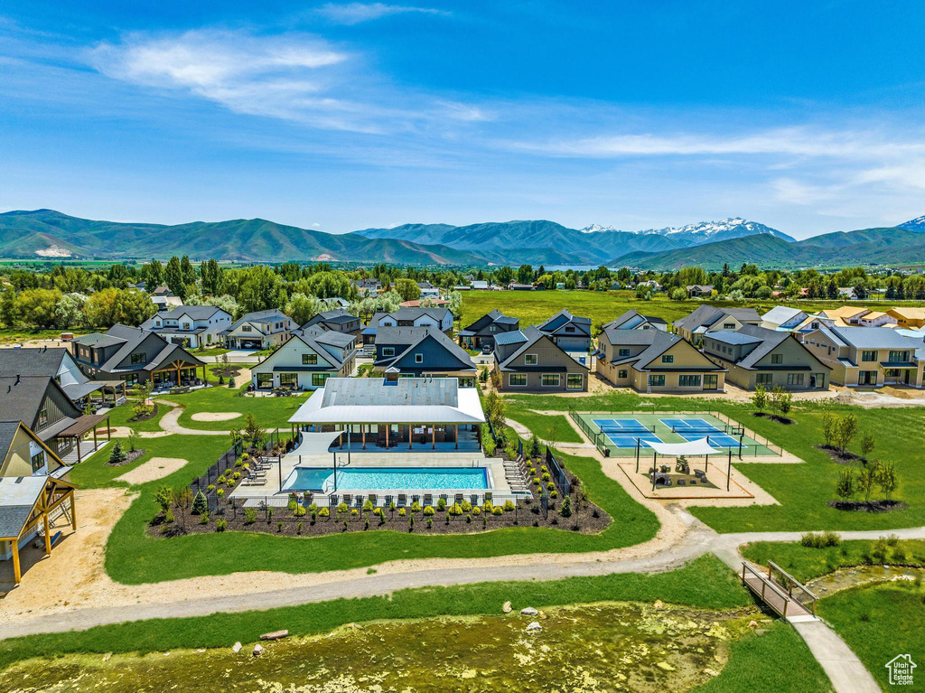 Aerial view with a residential view and a mountain view