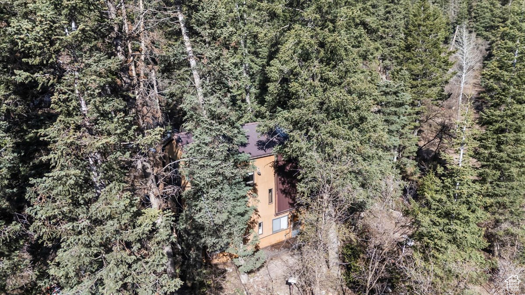 Birds eye view of property featuring a wooded view