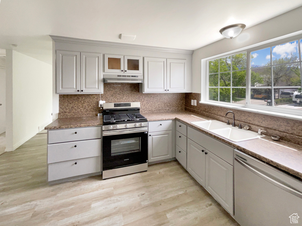 Kitchen featuring a sink, under cabinet range hood, tasteful backsplash, and stainless steel appliances