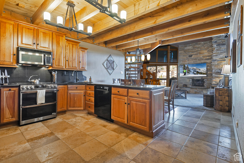Kitchen featuring a chandelier, a peninsula, beamed ceiling, dark countertops, and stainless steel appliances