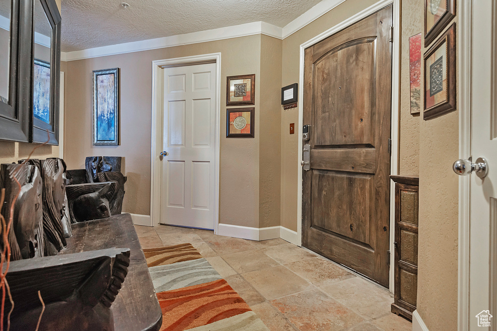 Foyer featuring stone finish floor, baseboards, and a textured ceiling