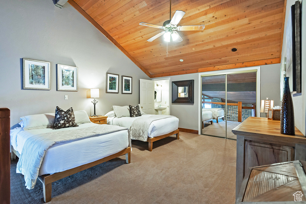 Bedroom featuring high vaulted ceiling, access to outside, baseboards, wood ceiling, and light carpet